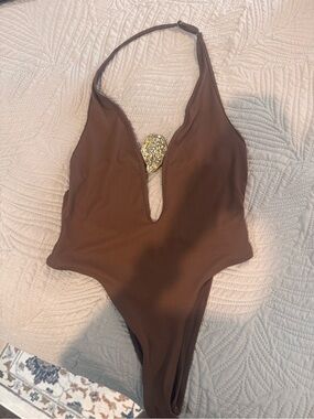 Brown One-Piece Swimsuit with Decorative Gold Accent